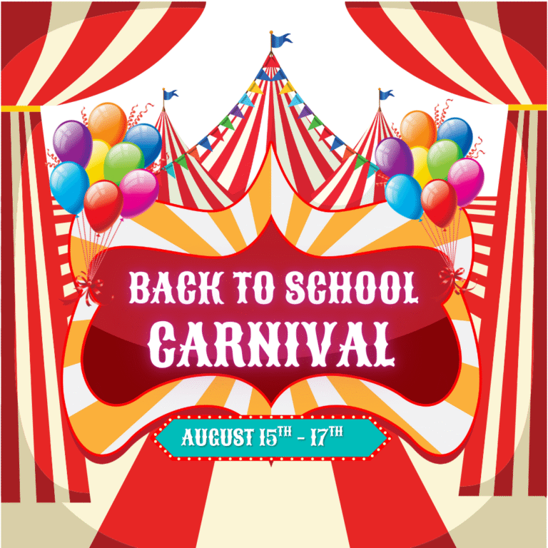 Promotional graphic for the Della School of Coding & Design Back to School Carnival in Columbus, Ohio, August 14–17, 2025, featuring family-friendly games, local vendors, raffles, and school fundraising activities.