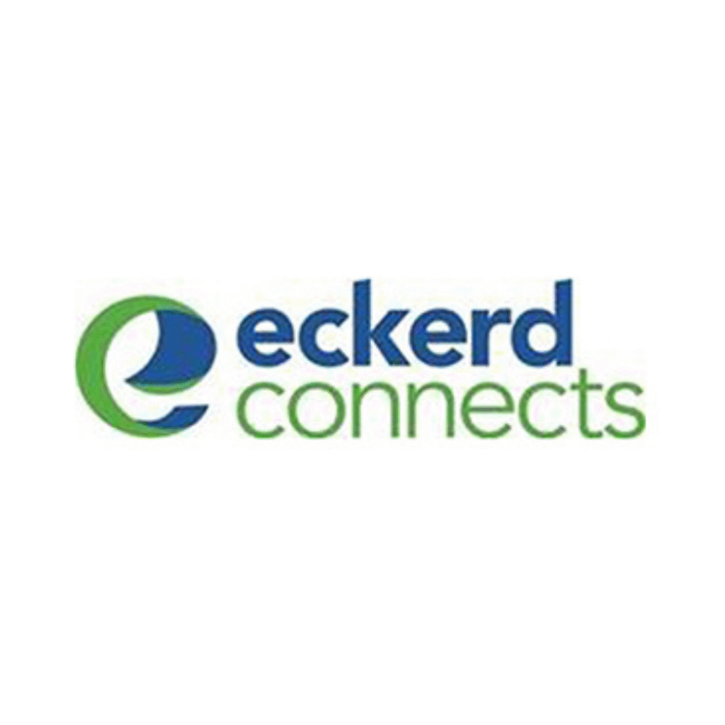 Eckerd Connects logo – bold blue and green text with abstract swoosh design, representing youth, workforce, and family support services. Featured partner of the Della School of Coding and Design.